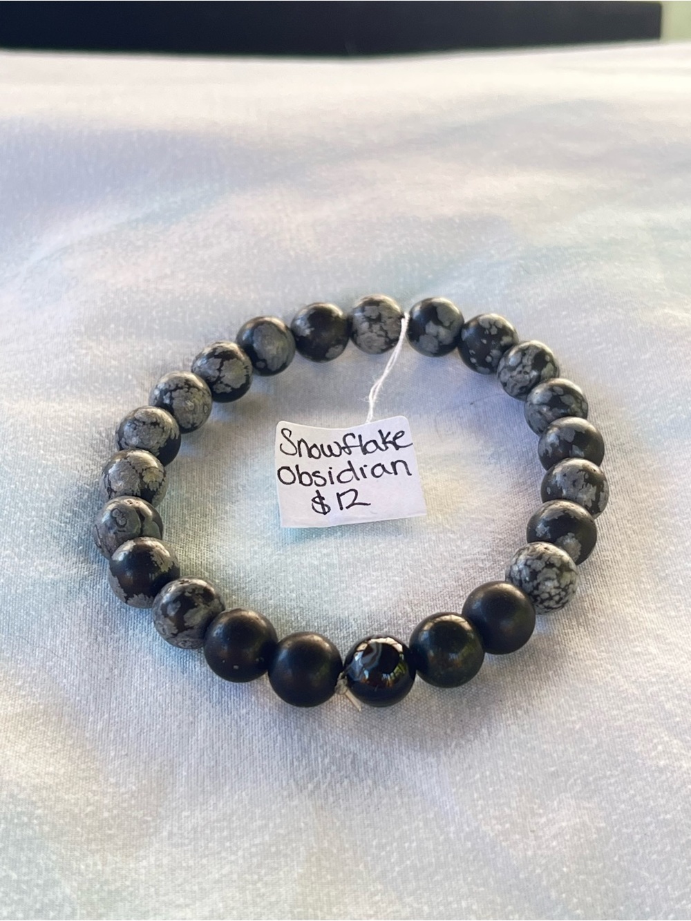 Handcrafted Snowflake Obsidian Beaded Stretch Bracelet - Black and Gray